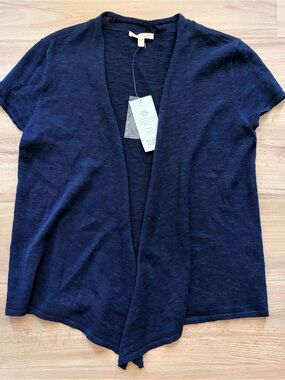 Eileen Fisher Linen Cotton Slub Navy Open-Front Lightweight Top